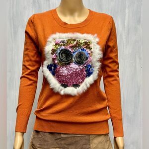 Maze Womens Orange Pullover‎ Furry Owl Sweater Size Large
